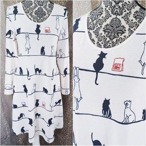 Scoop Neck LS Jersey Cat Print Shift Dress S NWOT